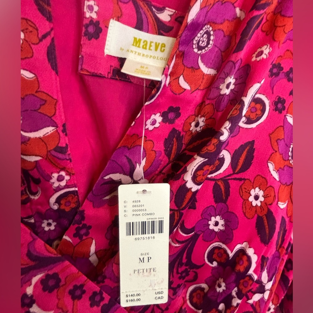 Anthropologie Maeve Vibrant Pink Wrap Mini Floral Long Sleeve Dress NWT Medium P - Picture 6 of 8
